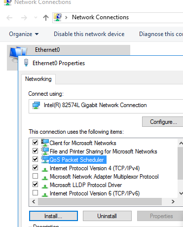 включить Qos Packet Scheduler для сетевой карты windows