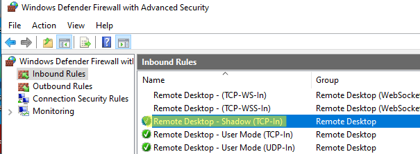 правила windows defender firewall для удаленных теневых подклчений к пользователям