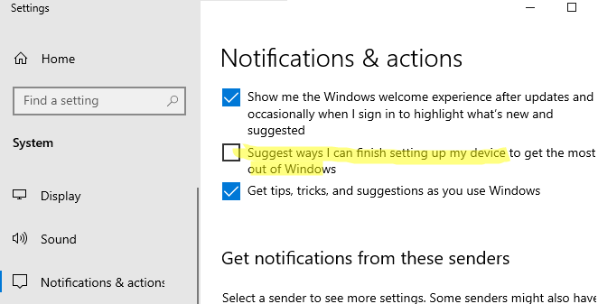 Отключить опцию Предложить способы завершения настройки устройства для наиболее эффективного использования Windows