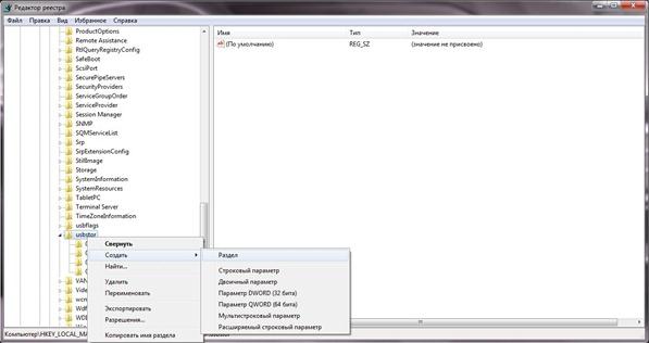 Создаем новый раздел реестра для нашего usb устройства в windows 7