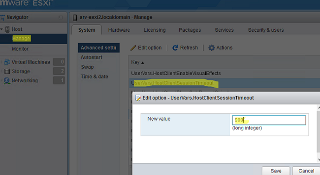 Увеличить таймаут неактивности в сессии VMware ESXi и vSphere 4 изменить параметр UserVars.HostClientSessionTimeout на хосте VMware ESXi