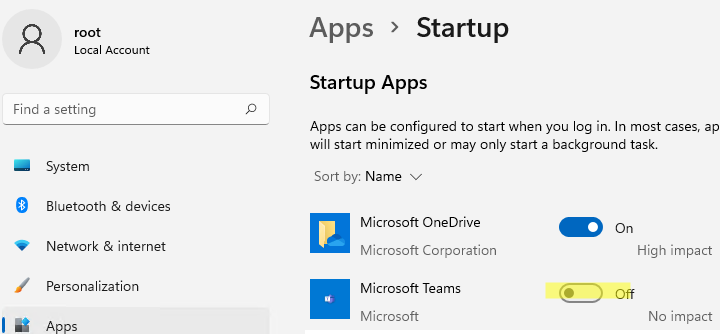 отключить автозапуск Teams в Windows 11