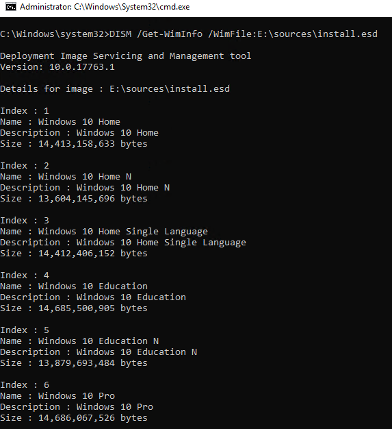 Dism /Get-WimInfo - список редакций windows в wim файле