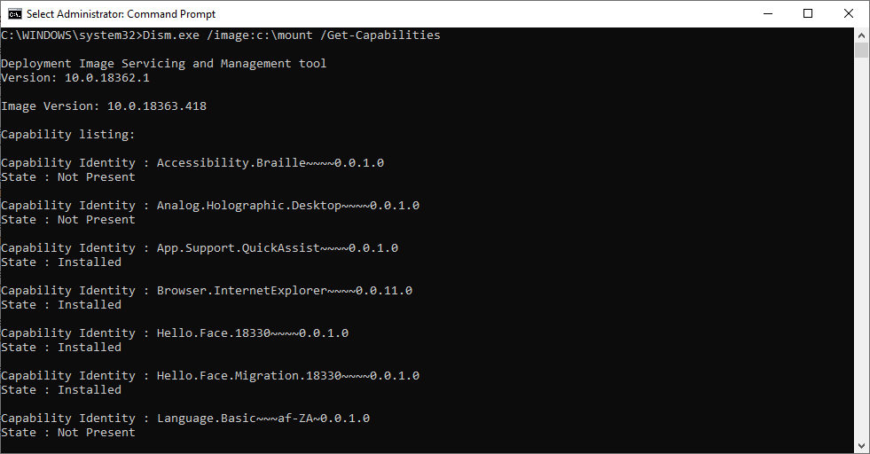 windows 10 - Dism.exe список предустановленных компонентов /Get-Capabilities