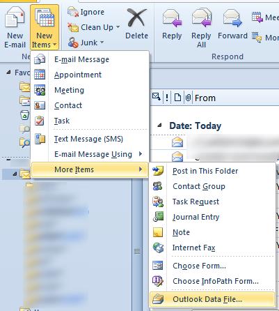 Outlook создать новый PST файл