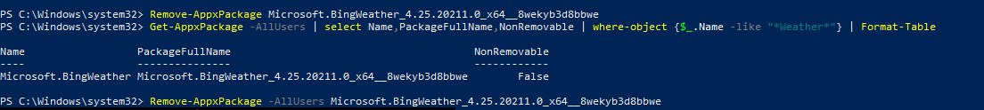удаление одного appx приложения в windows 10 с помощью powershell