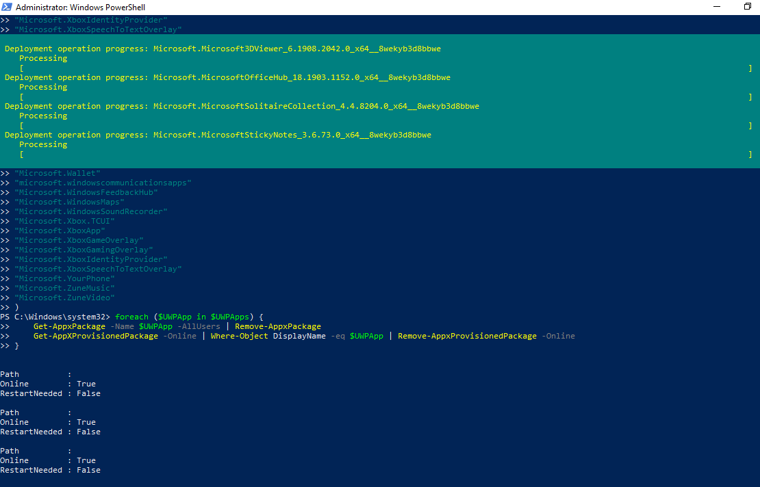 удаление всех предуставноленных appx приложений в windows 10 через powershell