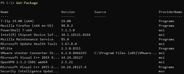 Get-Package - команда powershell выводит список установленных программ