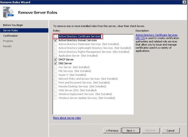 Удаление роли Active Directory Certificate Services