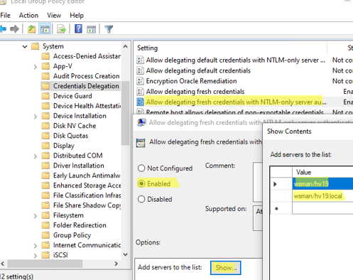 GPO - разрешить делегирование учетных данных NTLM хосту Hyper-V