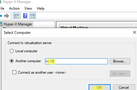подключиться к удаленному хосту Hyper-V с помощью диспетчера