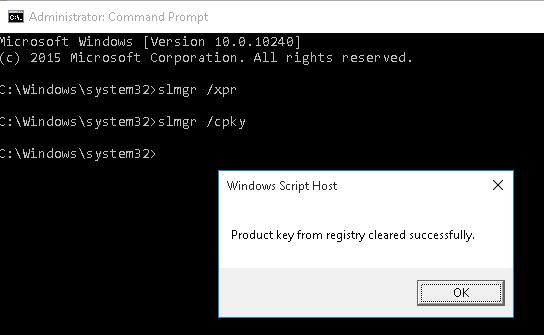 slmgr /cpky - Product key from registry cleared successfully 