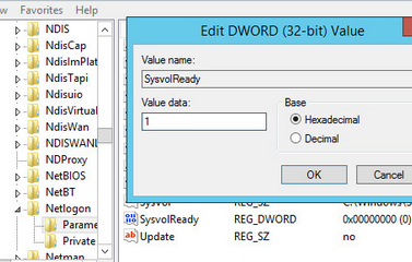 параметр реестра SysvolReady на конроллере домена