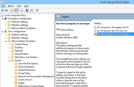 Политика Run these programs at user logon