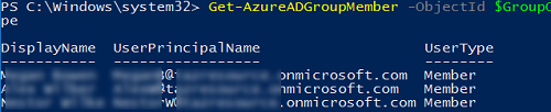 вывести список пользователей в группе Azure AD Get-AzureADGroupMember 