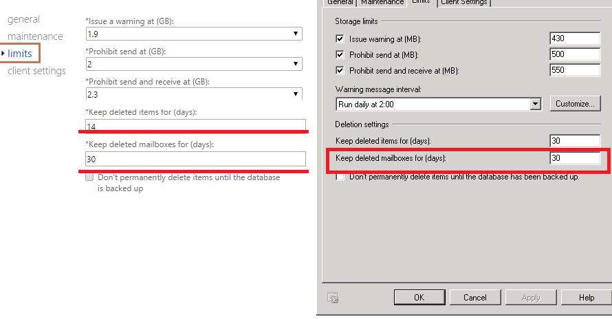 Keep deleted mailboxes for days - Exchange 2013 / 2010