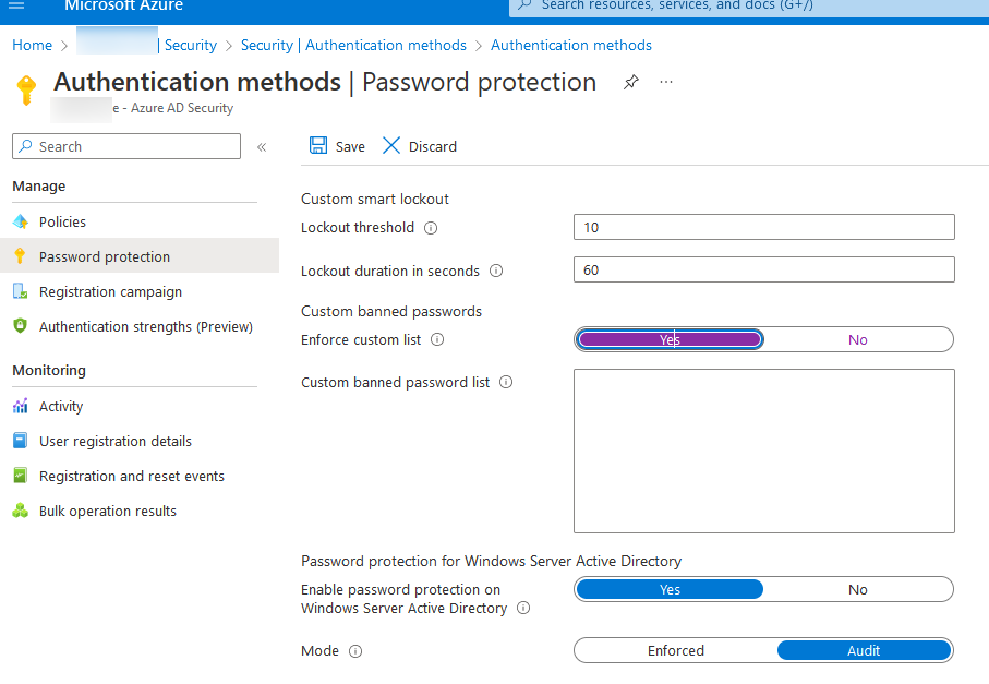Настройки Password protection в Azure
