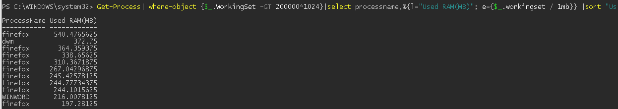 Get-Process найти процессы, которые занимают более 200 Мб оперативной памяти