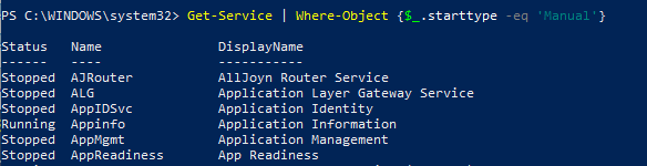 Get-Service | Where-Object {$_.starttype -eq 'Manual'
