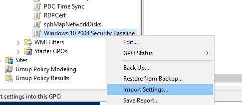 импорт политики Security Baseline в консоль group policy management