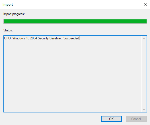 импорт политики security baseline закончен