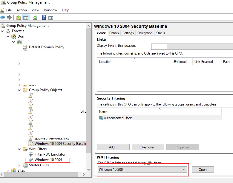 wmi фильтры для групповой политики security baseline