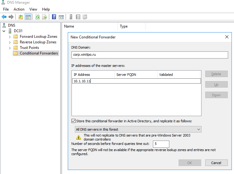 добавить DNS conditional forwarder в windows server