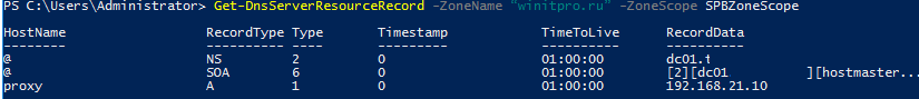вывести список записей в dns области Get-DnsServerResourceRecord 