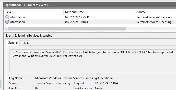 Логи выдачи RDS лицензий в Event Viewer