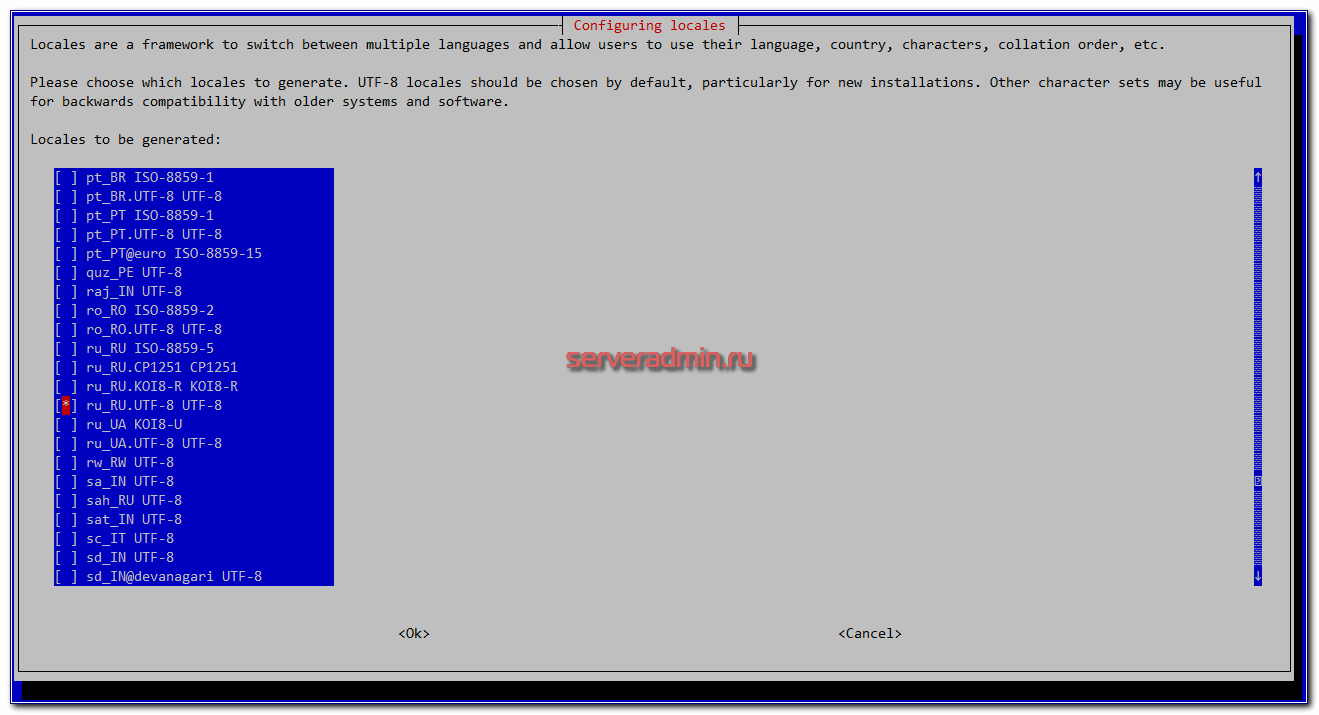 Установка локали ru_RU.UTF-8 UTF-8 в Debian