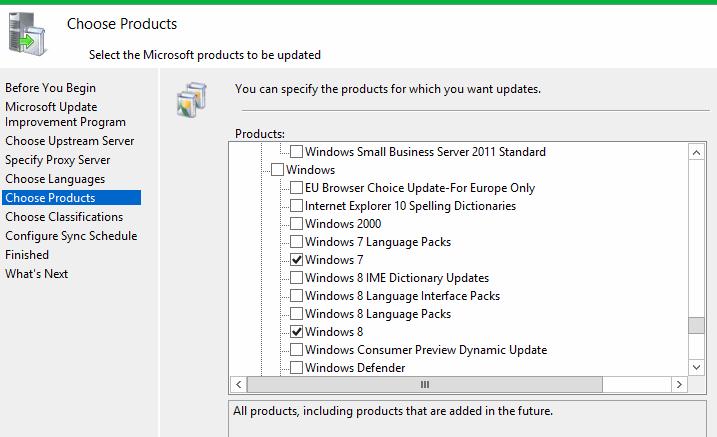 Выбор продуктов, обновления на которые устанавливает wsus