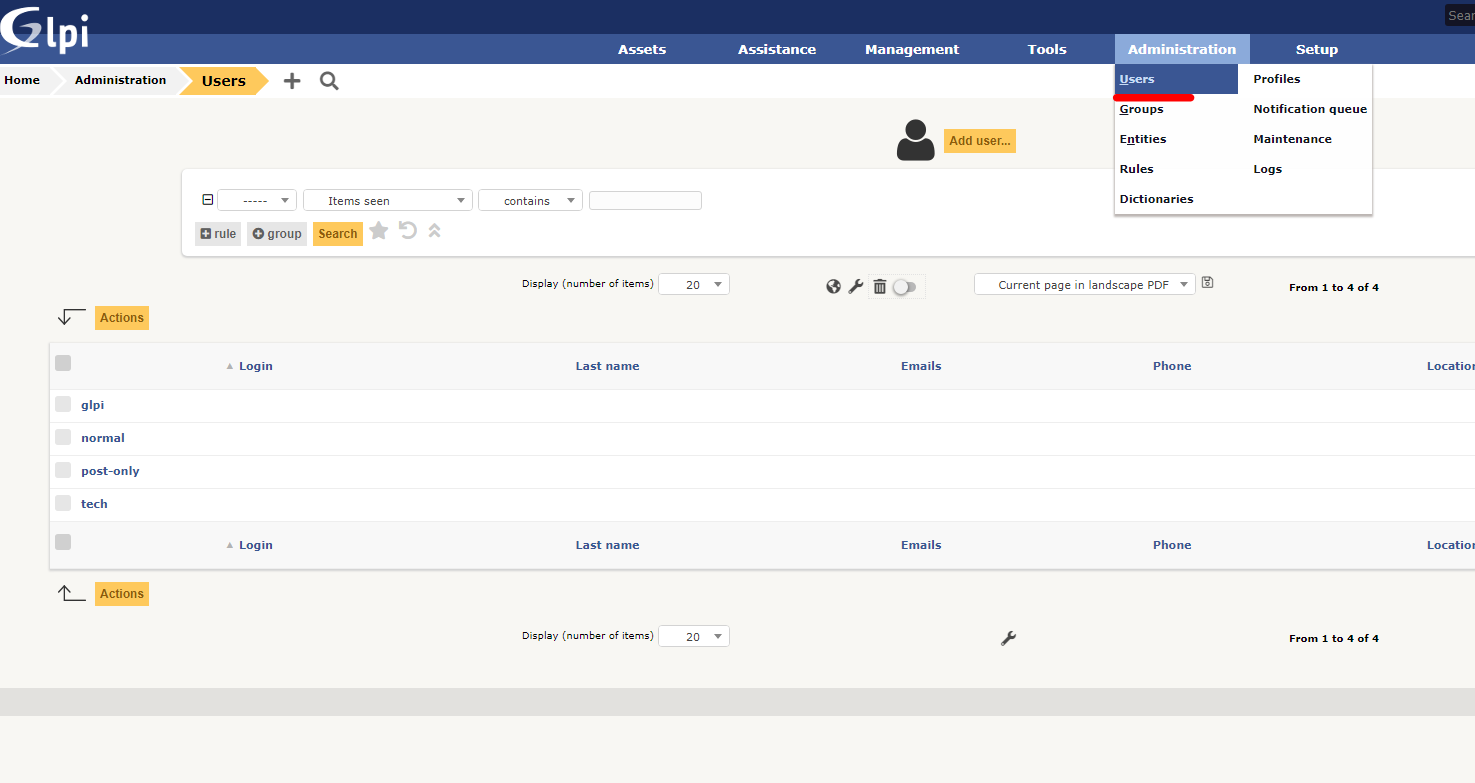 управление пользователями glpi