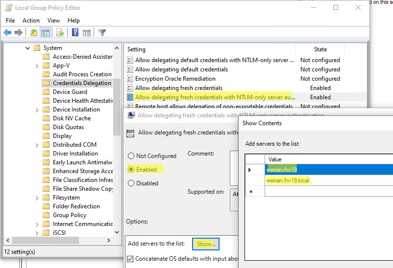 gpo: разрешить делегирования ntlm для управления сервером hyperv