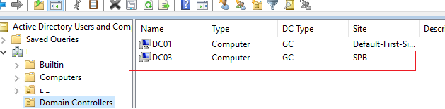 новый контроллре домена в OU Domain Controllers 