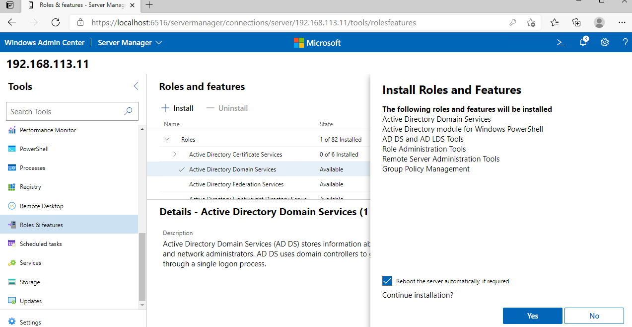 установка Active Directory Domain Services через Windows Admin Center