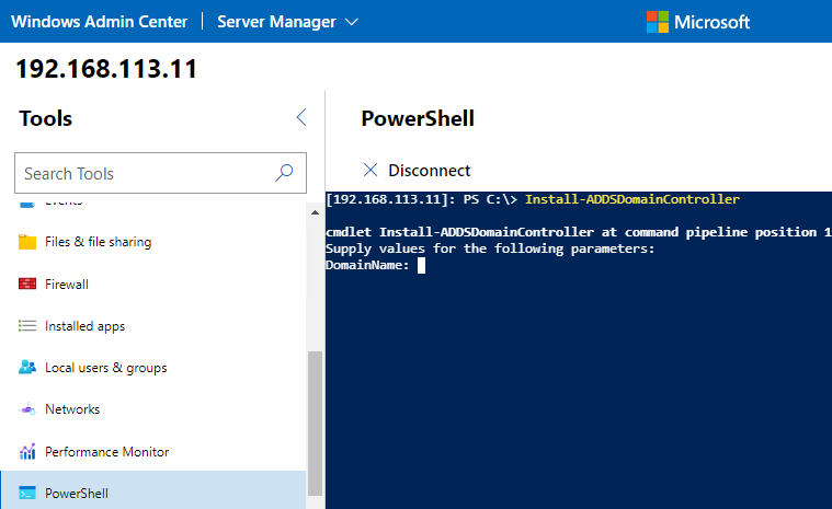 powershell консоль в Windows Admin center