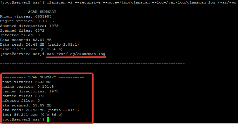 clamscan.log лог с результатеми антсирусной проверки сервера clamav