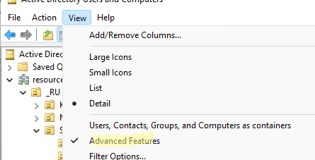 Установка оснастки Active Directory Users and Computers в Windows 10/11 13 показывать скрытые объекты в AD Advanced features