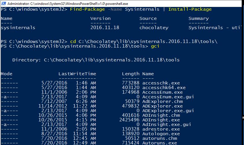 Установка sysinternals из каталога Chocolatey 