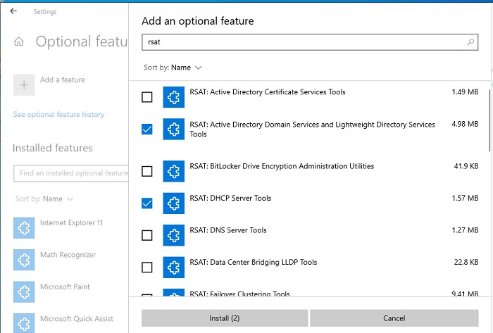 установка Remote Server Administration Tools в windows 10 через optional features