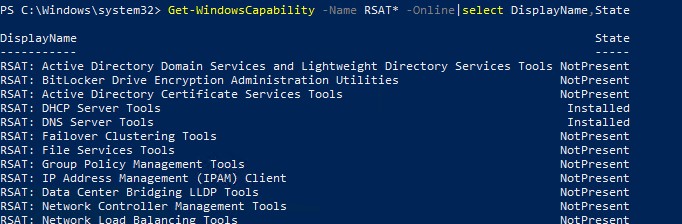 Get-WindowsCapability вывести список установленных компонентов rsat с помощью powershell