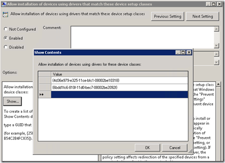 Allow installation of devices using drivers that match these device setup classes Allow installation of devices using drivers that match these device setup classes