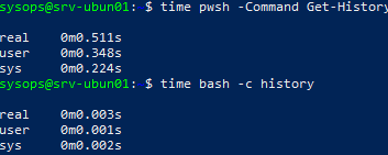 время выполнения команд в bash и powershell