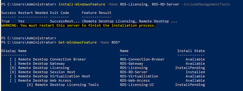 powershell просмотр устаовленных ролей RDS в Windows Server 2019