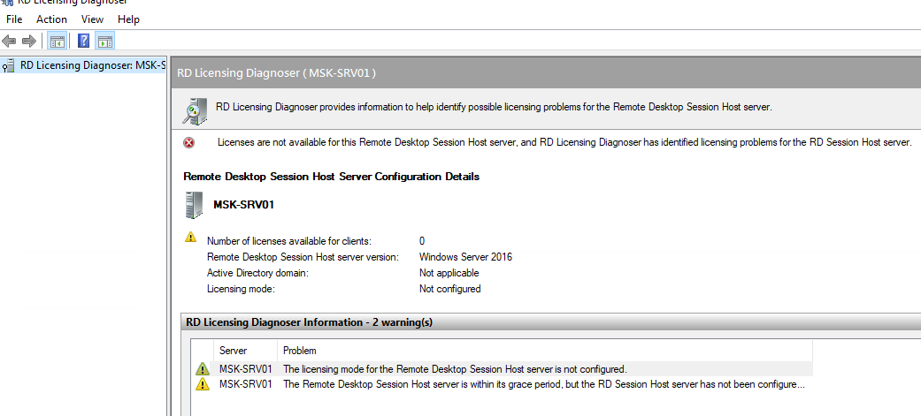 Remote Desktop Licensing Diagnoser не задан сервер лицензирования