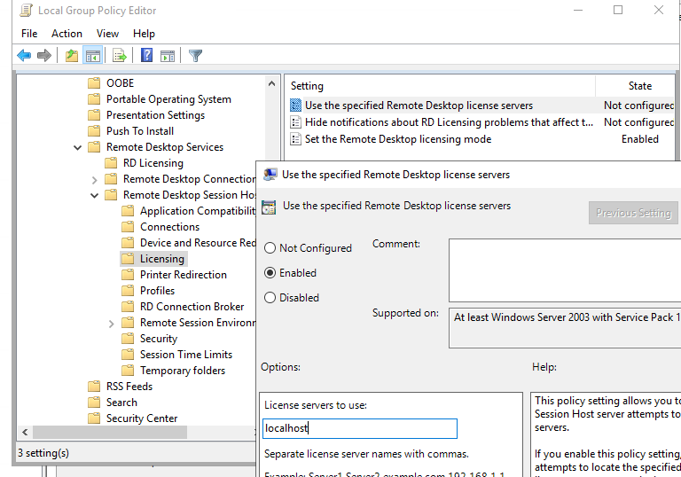 настройка параметров лицензирования RDS сервера через локальную групповую политику
