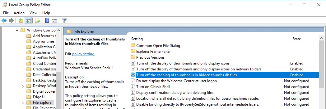 групповые политики - отключить создание файла thumbs.db в сетевых папках windows 10