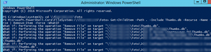 powershell рекурсивно удалить файл thumbs.db во всех вложенных сетевых папках