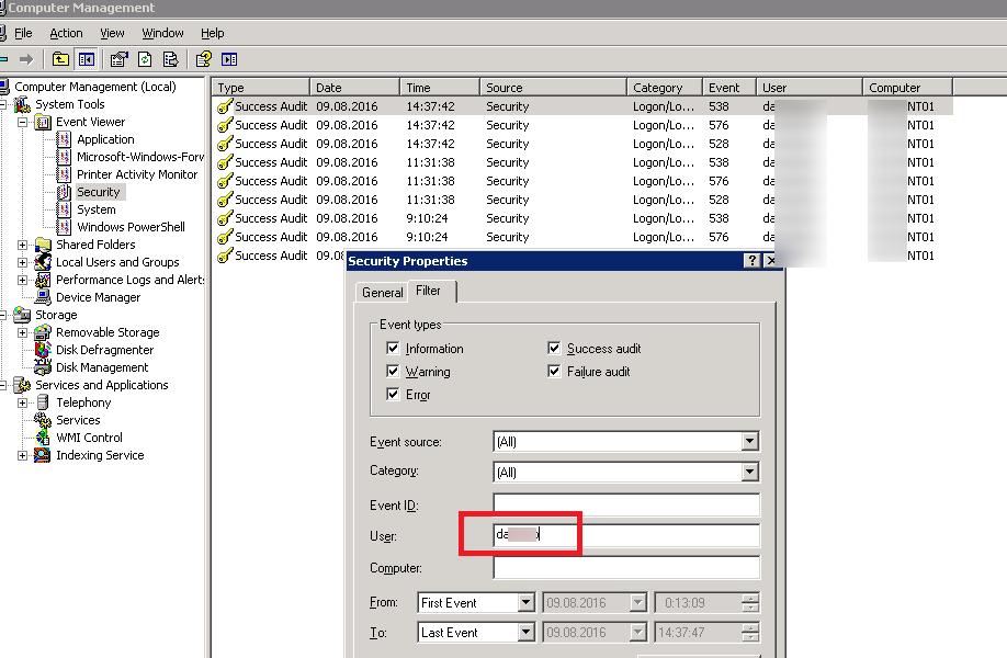 Windows 2003 фильтрация в журналах событий