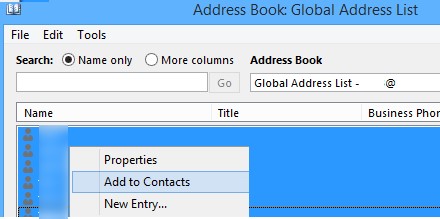 добавить адреса из глобального списка адресов в контакты outlook